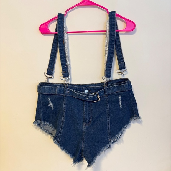 Rhinestone Tassel Cut Off Frayed High Waisted Festival Denim Shorts Blue Size L - Picture 2 of 4